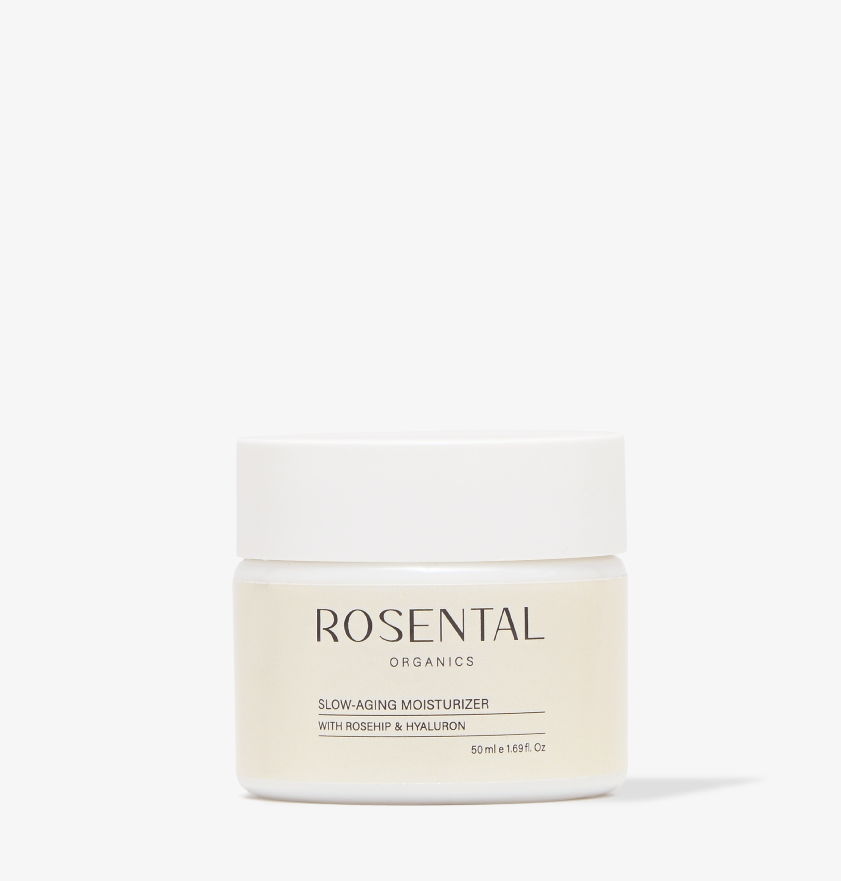 Rosental Organics Slow-Aging Moisturizer mit Hagebutte und Hyaluron, 50 ml, weißer Tiegel.