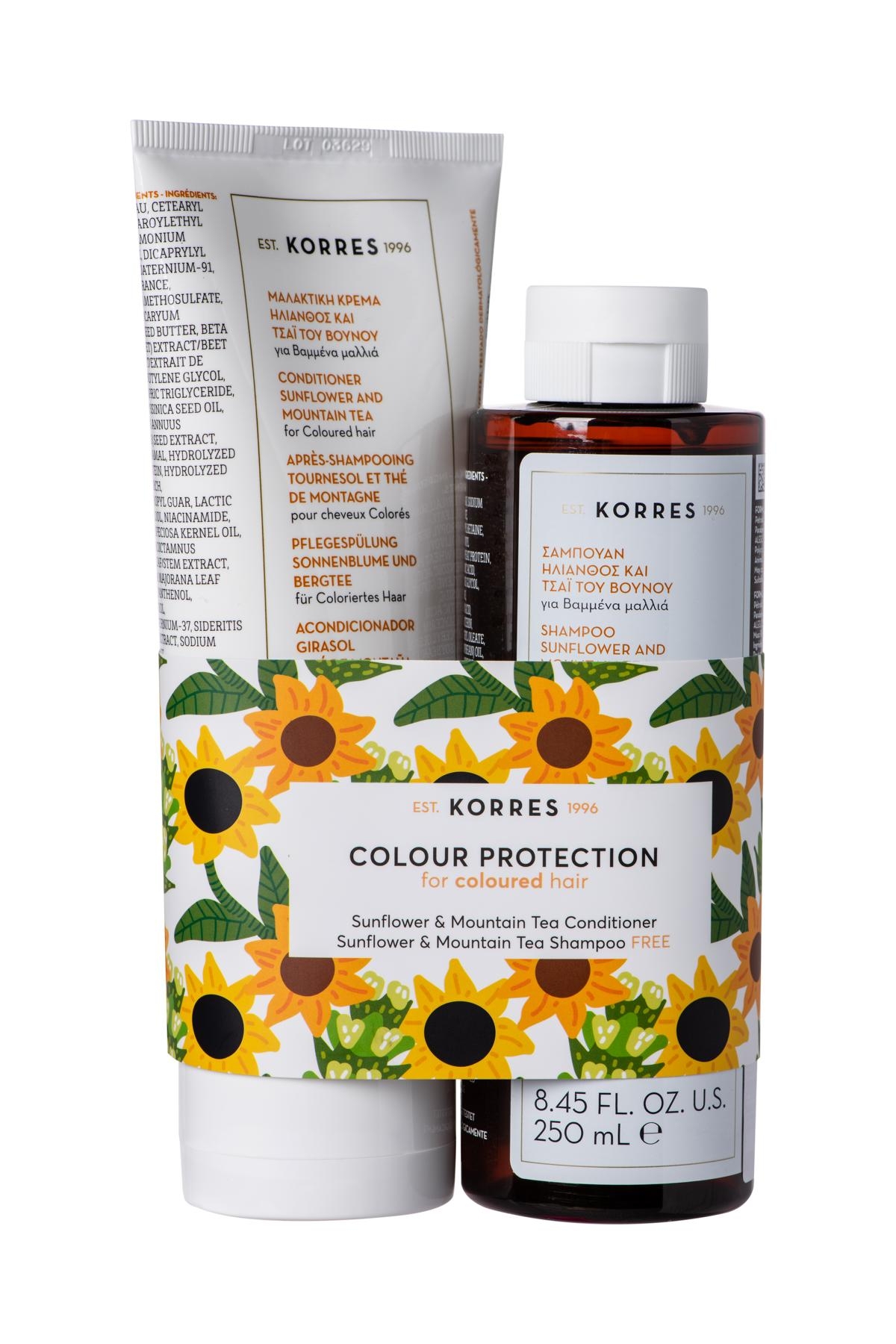 image_120886_1 Zwei Korres Haarpflegeprodukte: Sonnenblumen- und Bergtee-Conditioner und Shampoo für gefärbtes Haar, 250 ml.