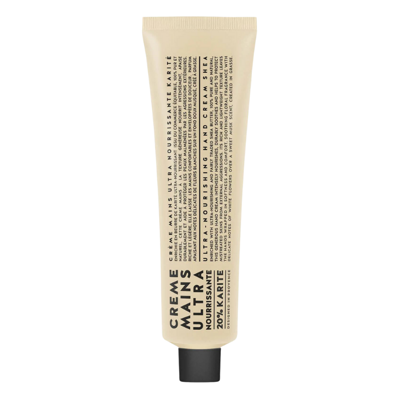 Handcreme 100ml Tube mit Karité-Shea-Butter, beige Verpackung, schwarze Schrift.
