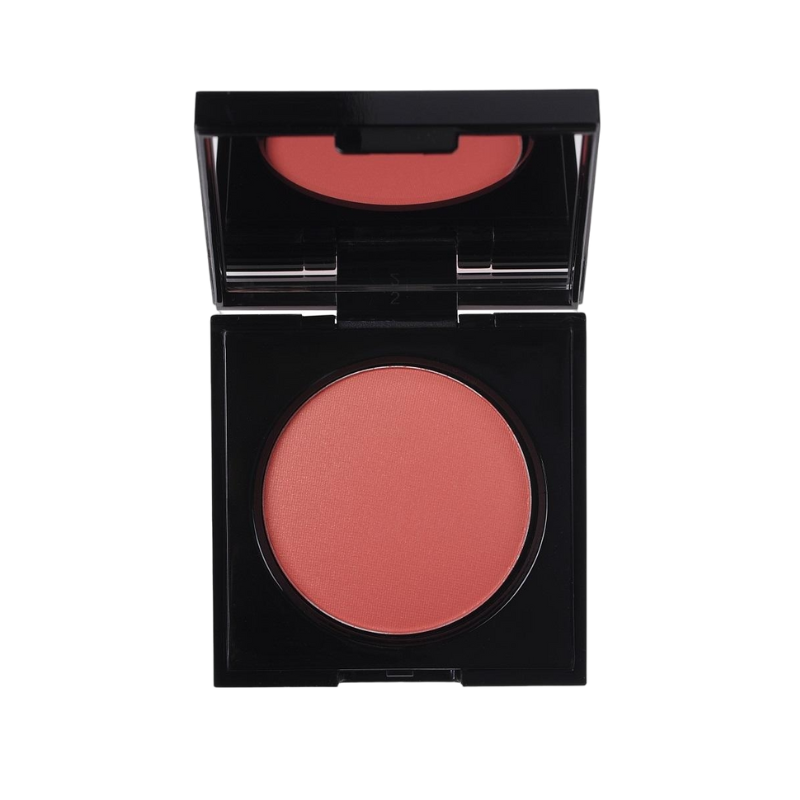 KORRES-WILD-ROSE-ROUGE-BRIGHT-CORAL-46 KORRES Wild Rose Rouge in Bright Coral, geöffnetes schwarzes Etui mit Spiegel.