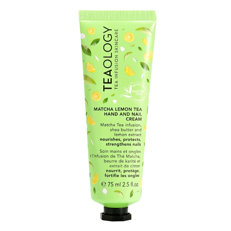 TEAOLOGY-MATCHA-LEMON-TEA-HAND-AND-NAIL-CREAM Grüne Tube mit TEAOLOGY Matcha Lemon Tea Hand- und Nagelcreme, 75 ml, mit Zitronen- und Matcha-Design.