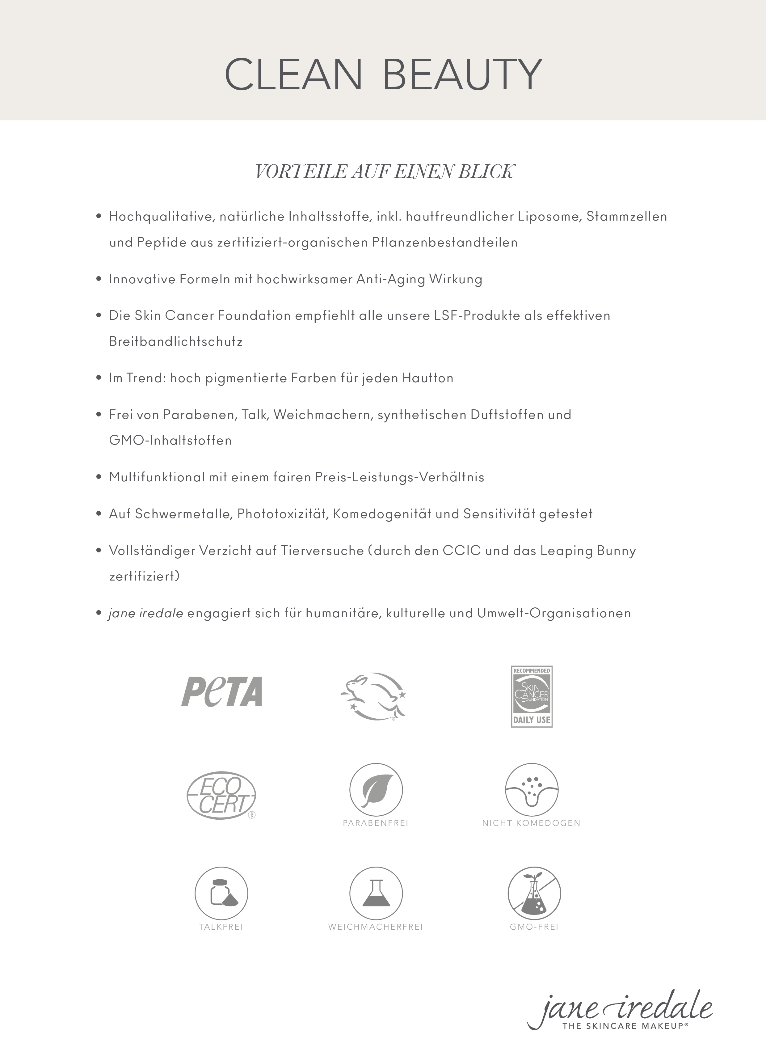 Speedmatching2 Infografik über die Vorteile von Clean Beauty, einschließlich natürlicher Inhaltsstoffe, Anti-Aging-Wirkung und tierversuchsfreier Produkte.