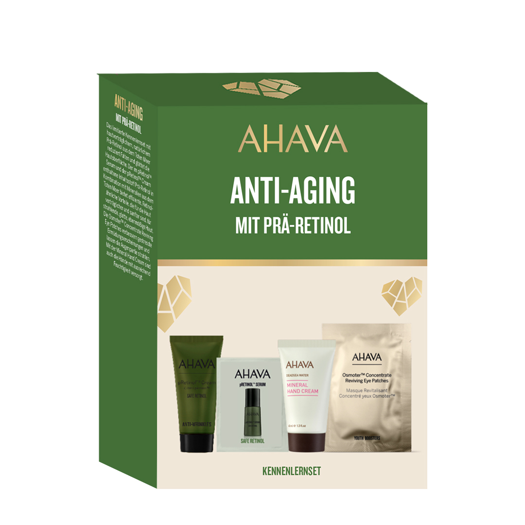 AHAVA Anti-Aging Set mit Prä-Retinol, vier Produkte in grüner Verpackung.