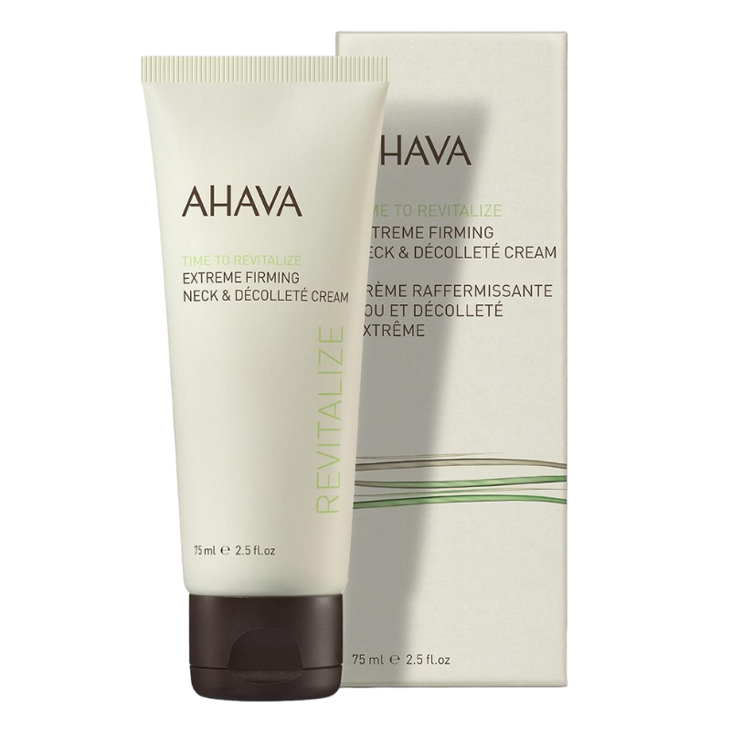 AHAVA-EXTREME-FIRMING-NECK-_-DECOLLETE-CREAM AHAVA Extreme Firming Neck & Décolleté Cream, 75 ml Tube vor Verpackung.