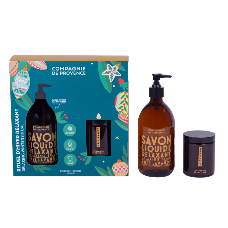 WINTER-RELAXING-RITUAL-ANISE-LAVENDER-2023 Produktbild: Compagnie de Provence Winter Relaxing Ritual Anis Lavendel Set mit Flüssigseife und Kerze.