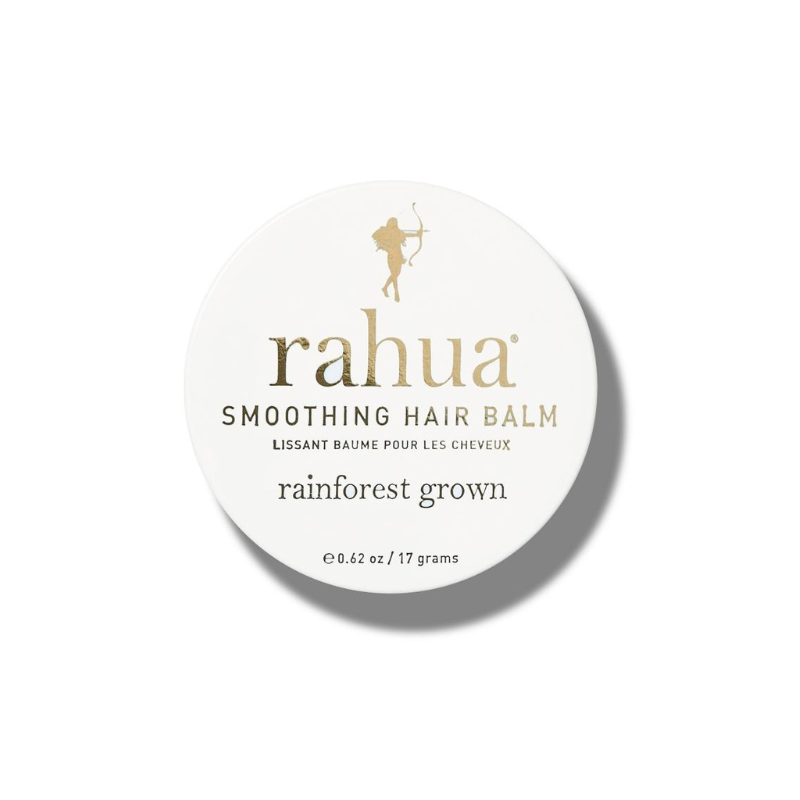 RAHUA-SMOOTHING-HAIR-BALM Rahua Smoothing Hair Balm, 17g, in weißer runder Verpackung mit goldener Schrift und Regenwald-Logo.