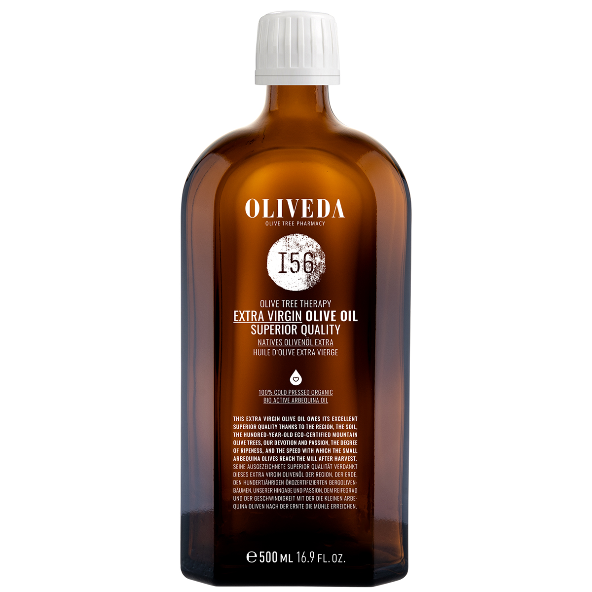 OLIVEDA_1200x1200_72dpi_I56_OliveOil_500ml OLIVEDA I56 Olivenöl Extra Vergine, 500 ml, braune Glasflasche mit weißem Verschluss.