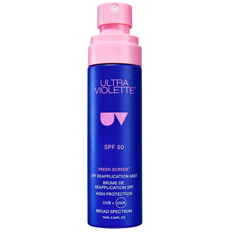 Flasche Ultra Violette Preen Screen SPF 50 Reapplication Mist, 75 ml, blau und rosa Design.
