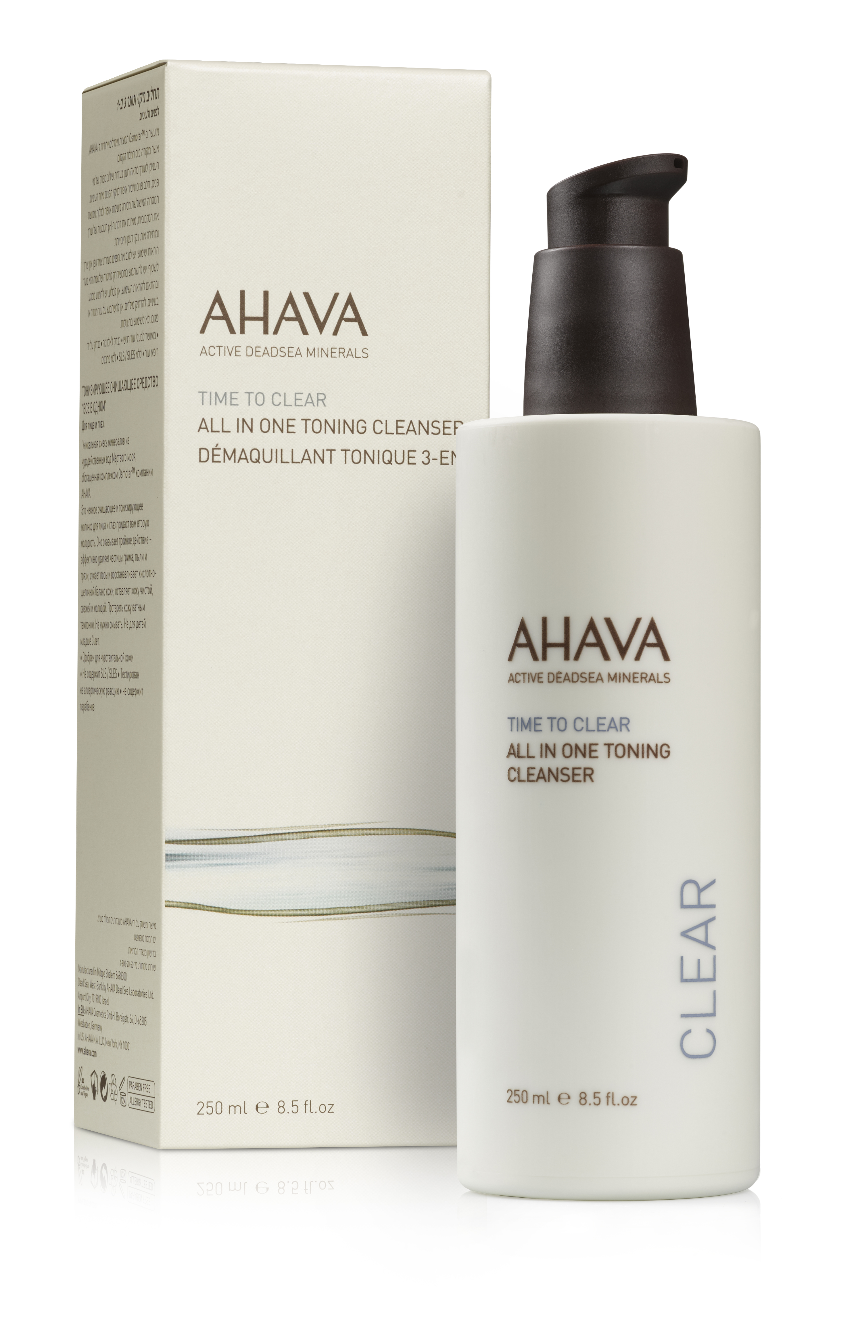 0697045150175 AHAVA Time to Clear All in One Toning Cleanser, 250 ml, vor weißem Hintergrund mit Verpackung.