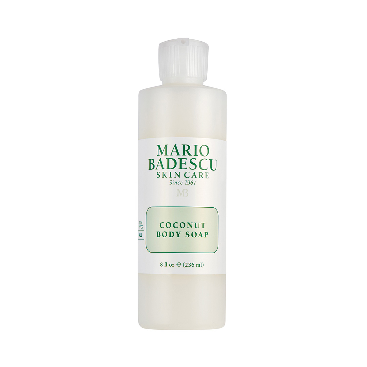 10466_0 Flasche Mario Badescu Coconut Body Soap, 236 ml, auf weißem Hintergrund.