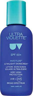 Blaues Fläschchen Ultra Violette Fave Fluid SPF 50+ Sonnenschutzlotion, 75 ml.