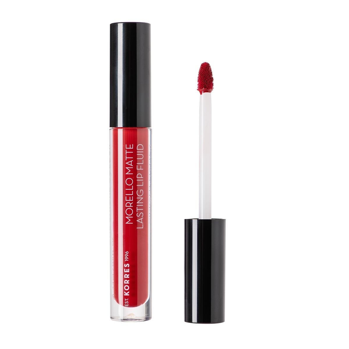 image_122036_1 Korres Morello Matte Lasting Lip Fluid in Rot, geöffneter Lippenstift mit Applikator.