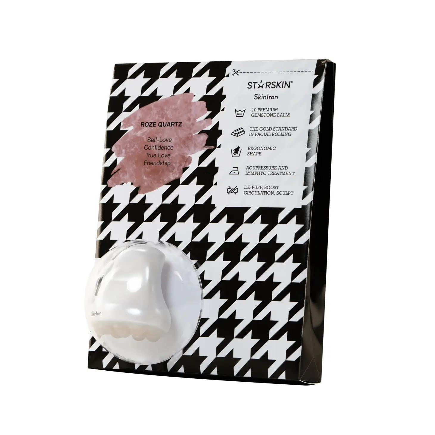 2F6F876C-BAE8-4262-98F4-A083A7B919CE STARSKIN Skincare-Set mit Rosenquarz und Massagegerät in schwarz-weißem Verpackungsdesign.