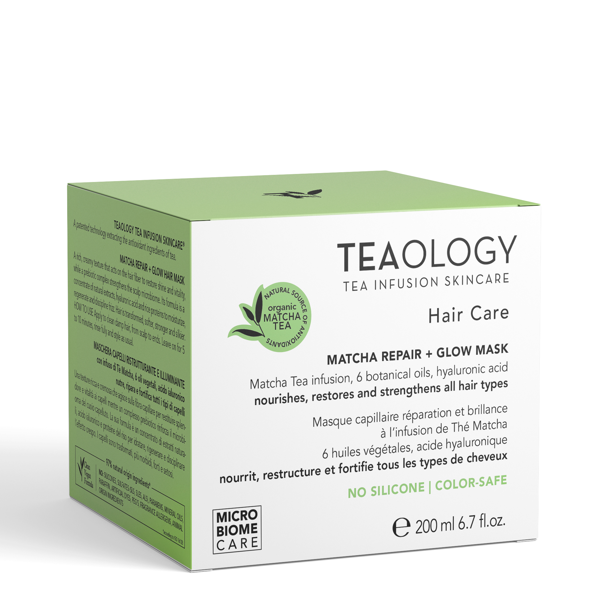 Grüne Teology Haarmaske-Box mit Matcha-Extrakt, 200 ml, silikonfrei, farbsicher.