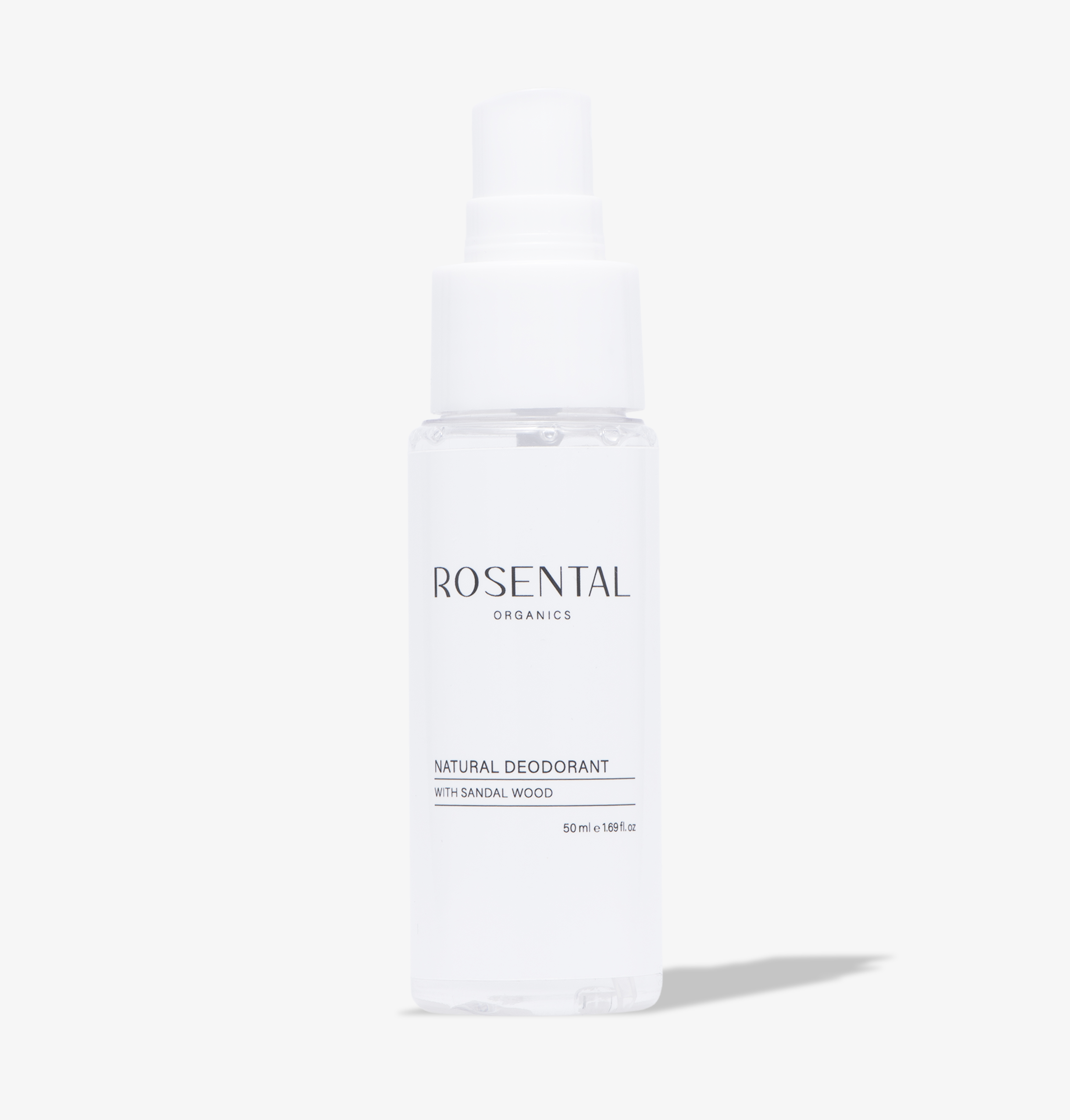 Flasche Rosental Organics Natural Deodorant mit Sandelholz, 50 ml, auf weißem Hintergrund.