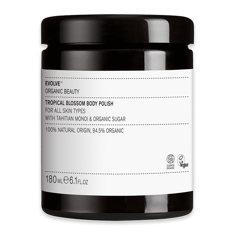 evolve-organic-beauty-tropical-blossom-body-polish Evolve Organic Beauty Tropical Blossom Body Polish, 180 ml, für alle Hauttypen, mit Tahitian Monoi und Bio-Zucker, 94,5% Bio.