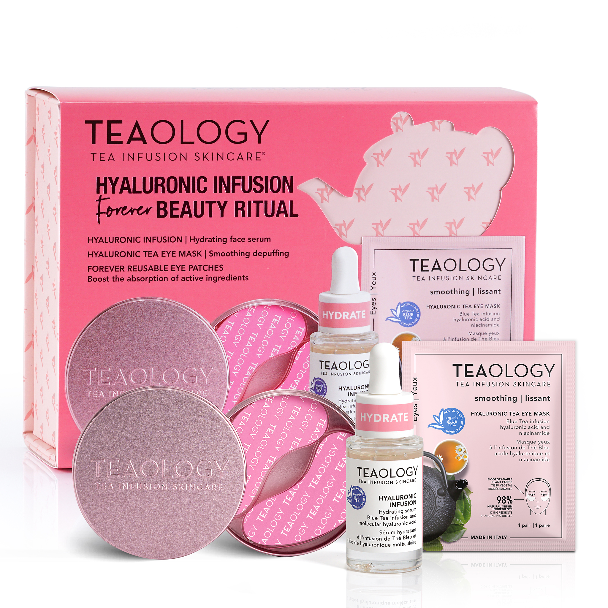 8050148505617_2-T50561-hyaluronic-beauty-ritual-prodotti TEAOLOGY Hyaluronic Infusion Forever Beauty Ritual Set mit Serum, Augenmaske und Augenpads vor rosa Verpackung.