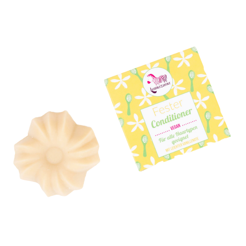 LAMAZUNA-FESTER-CONDITIONER-SOFT-VANILLA-SCENT-3 Fester Conditioner von Lamazuna, Vanilleduft, vegan, für alle Haartypen geeignet, gelbe Verpackung mit Blumenmuster.