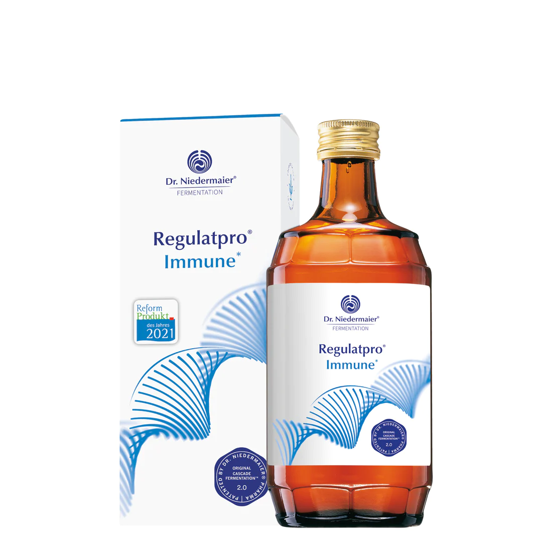 DrNiedermaier-Regulatpro-Immune-Packshot-1-2500x2500px Flasche und Verpackung von Dr. Niedermaier Regulatpro Immune Nahrungsergänzungsmittel.