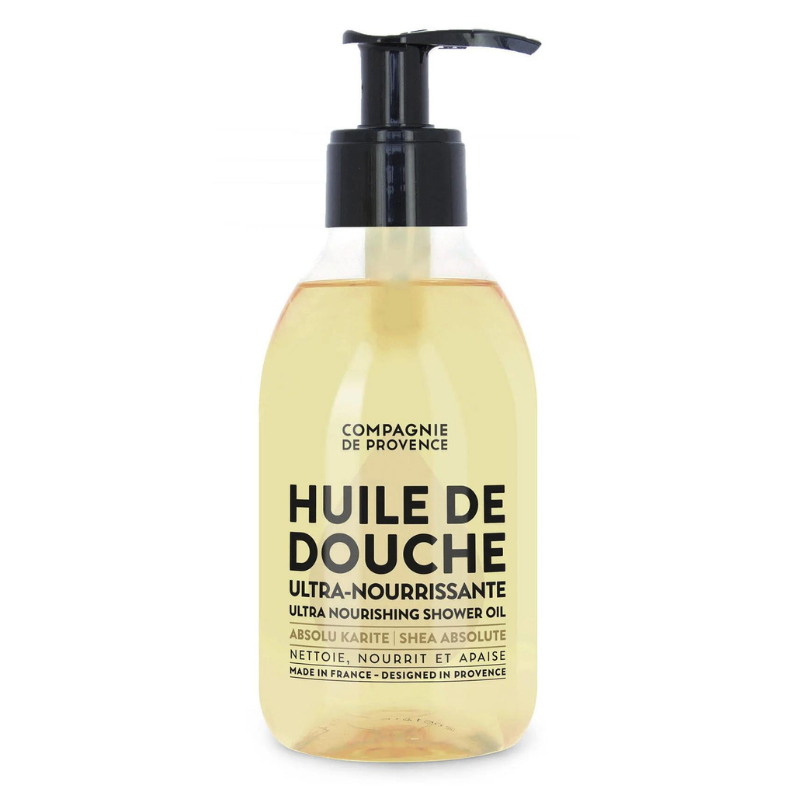 CLEANSING-SHOWER-OIL-300ML-KARITE-_-SHEA Flasche mit Compagnie de Provence Ultra-Nourishing Shower Oil, 300ml, Karité/Shea, mit Pumpspender.