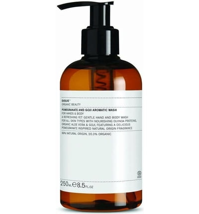 Flasche mit Bio-Hand- und Körperwaschmittel, 250 ml, mit Spenderpumpe.