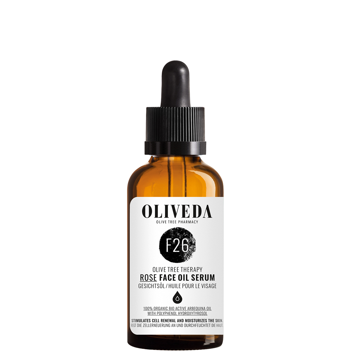 OLIVEDA F26 Rose Face Oil Serum, 50ml Flasche mit Pipette, Olivenbaumtherapie, 100% Bio, für Gesichtspflege.