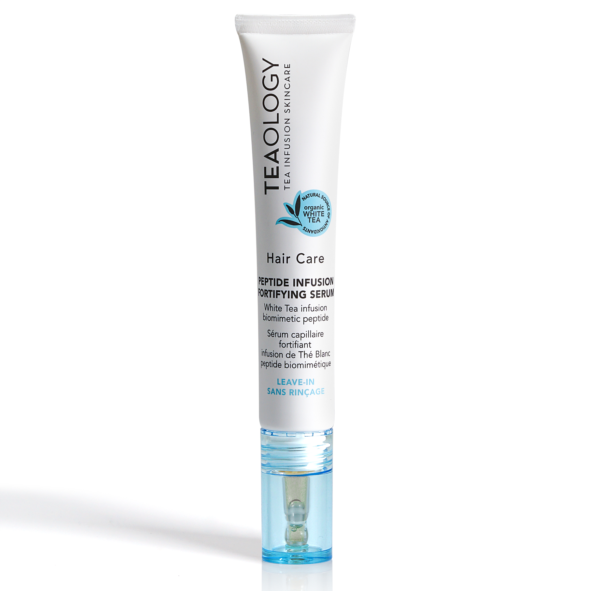 Tealogy Peptide Infusion Fortifying Serum für Haarpflege, 50 ml Tube, weiß mit blauer Kappe.