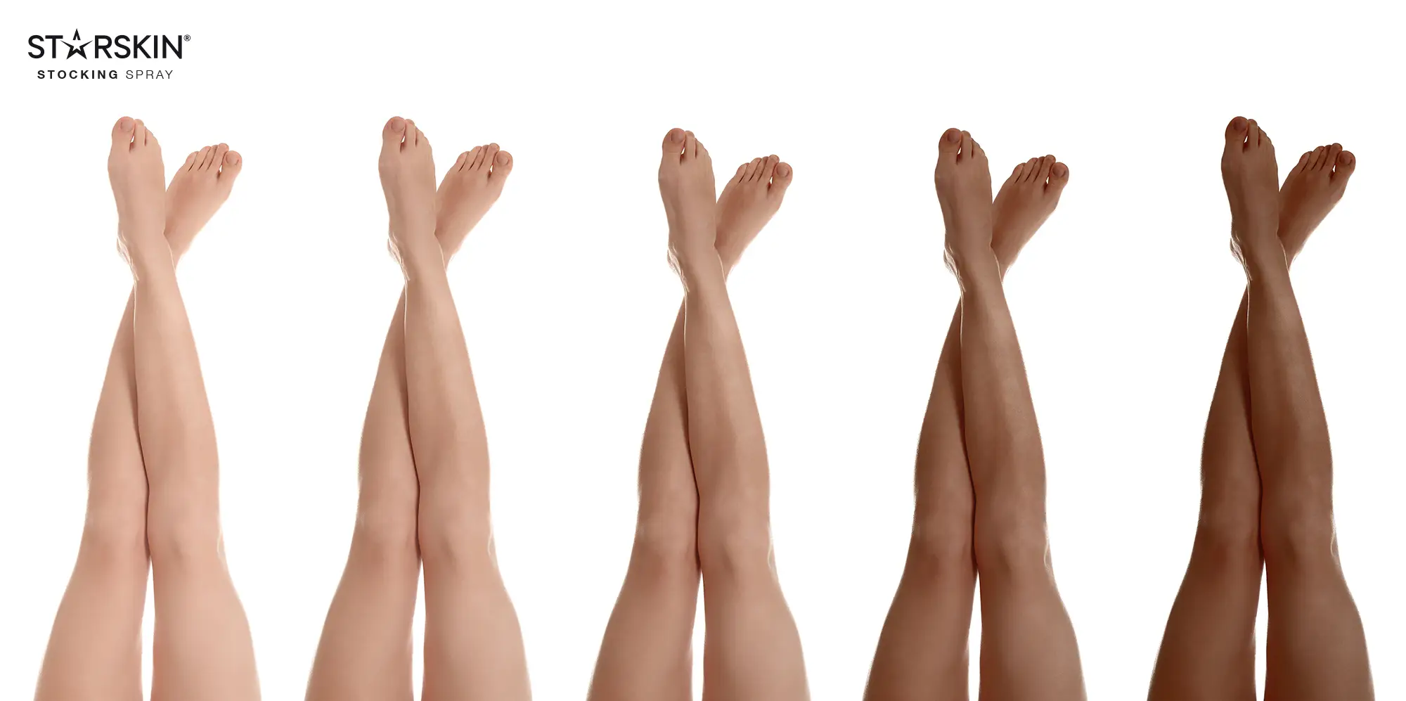 Vier Paar überkreuzte Beine in verschiedenen Hauttönen, beworbenes Produkt: STARSKIN Stocking Spray.