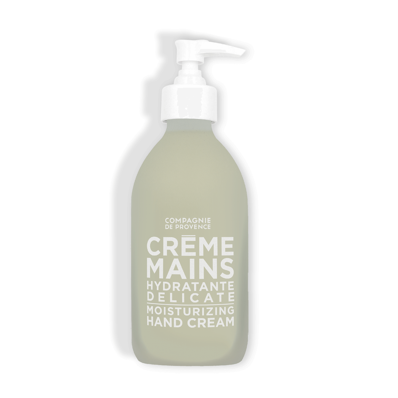 DELICATE-creme-mains-300ml-1 Pumpspender mit 300 ml feuchtigkeitsspendender Handcreme von Compagnie de Provence, Beschriftung in Weiß auf grauem Hintergrund.