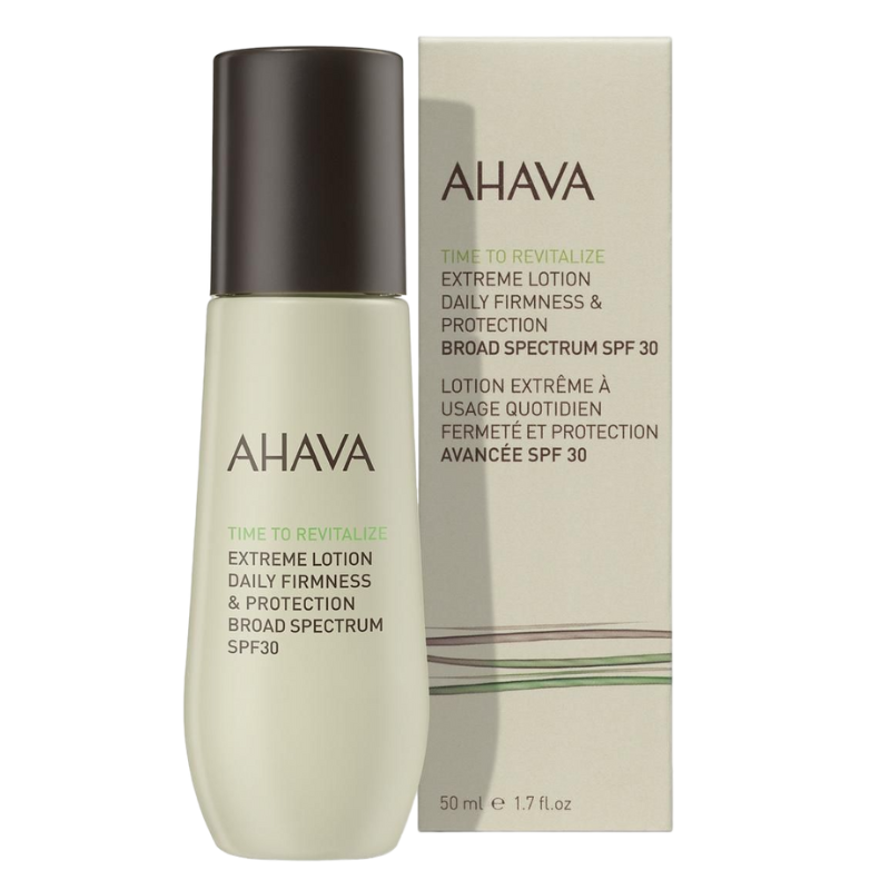 AHAVA-EXTREME-LOTION-SPF30 AHAVA Extreme Lotion SPF 30, 50 ml Flasche und Verpackung, tägliche Festigkeit und Schutz, breites Spektrum.