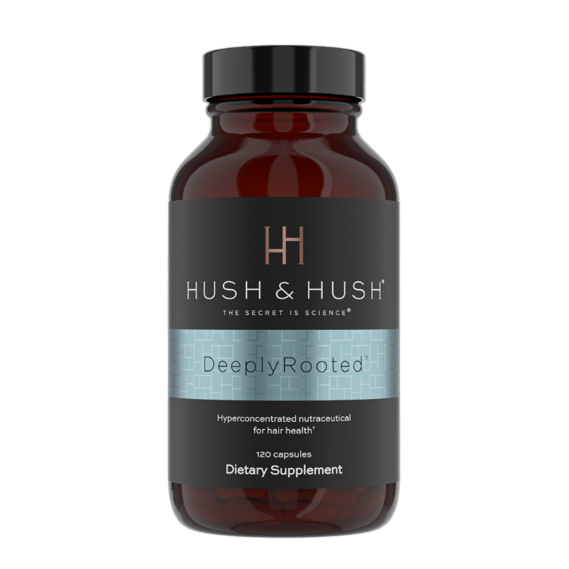 HUSH-HUSH-DEEPLYROOTED-8-3_3 Hush & Hush DeeplyRooted Nahrungsergänzungsmittel für Haargesundheit, 120 Kapseln, braune Flasche mit blauem Etikett.