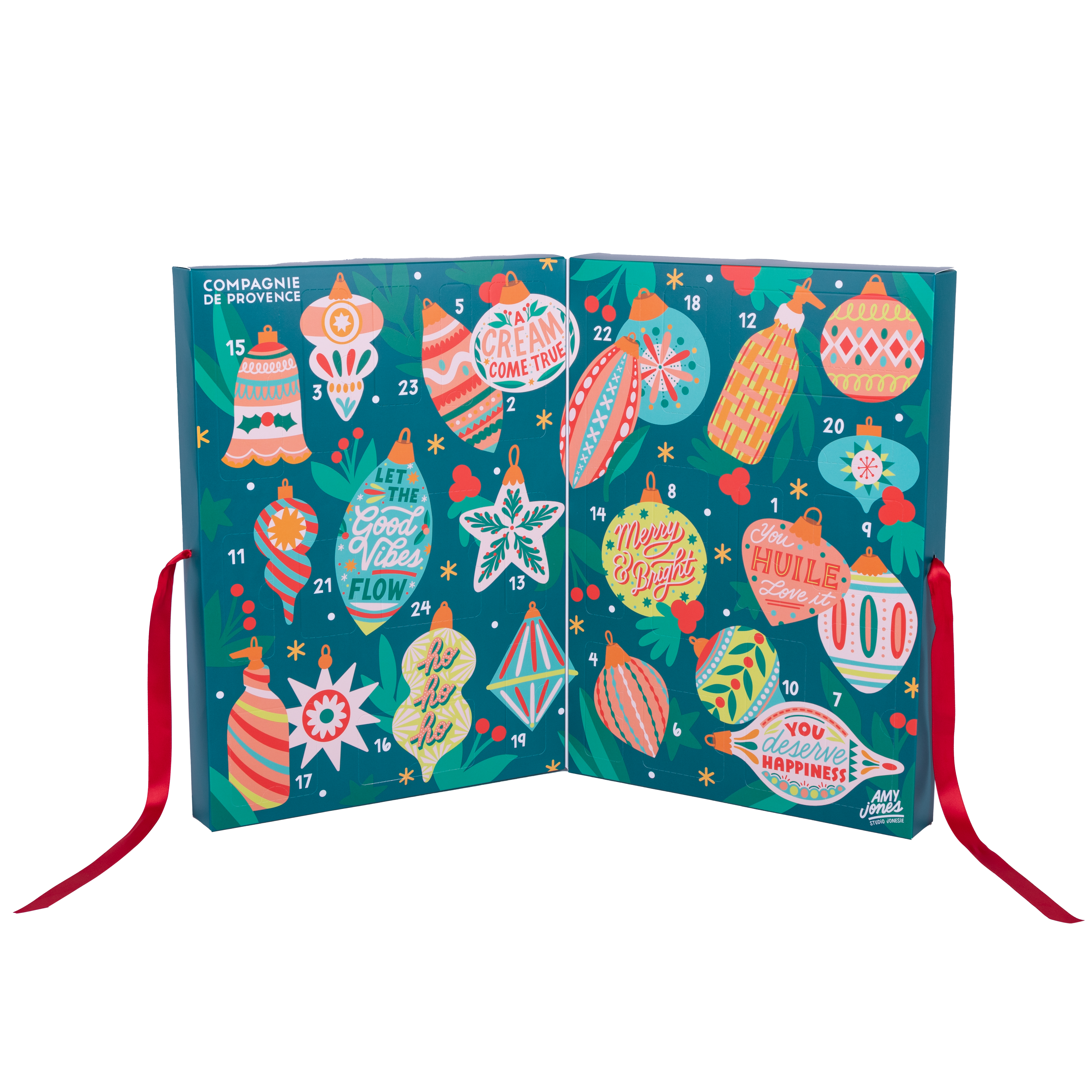 _CDP3998 Ein geöffneter Adventskalender mit bunten, festlichen Illustrationen und nummerierten Türchen von 1 bis 24.