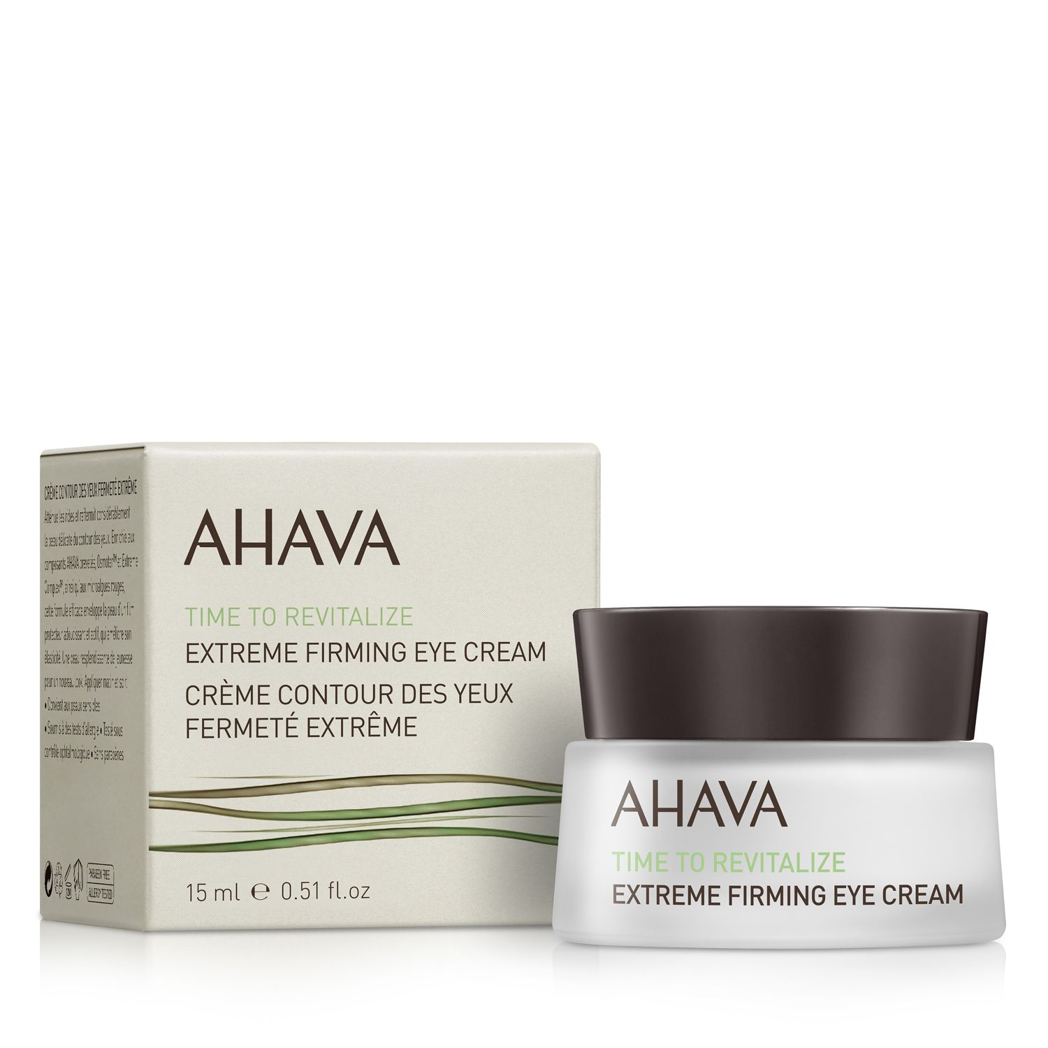 AHAVA Extreme Firming Eye Cream 15 ml, Verpackung und Tiegel, auf weißem Hintergrund.