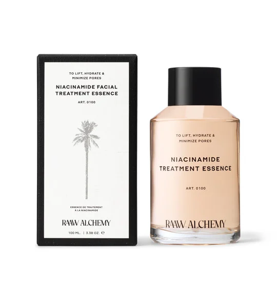 Art0100BOX-2x Niacinamide Facial Treatment Essence von Raw Alchemy, 100 ml Flasche neben der Verpackung.