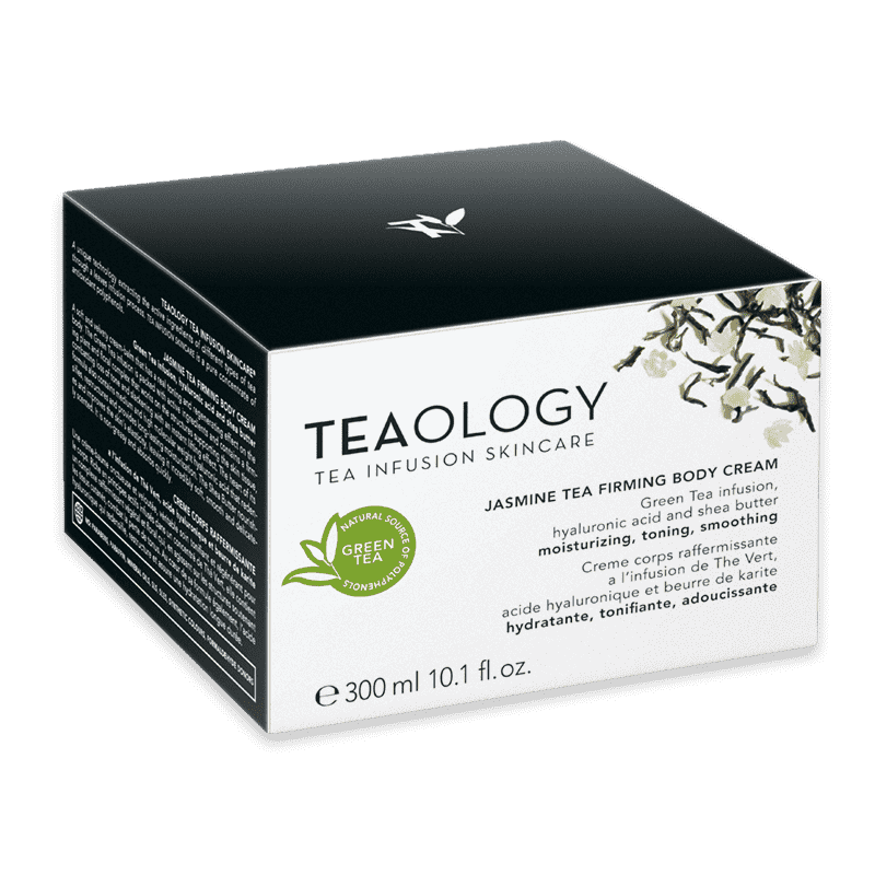 T50203-8050148502036-Jasmine-Tea-Firming-Body-cream-Astuccio-Alta_optimized Schwarze Schachtel mit weißem Etikett der Jasmine Tea Firming Body Cream von Teaology, 300 ml.