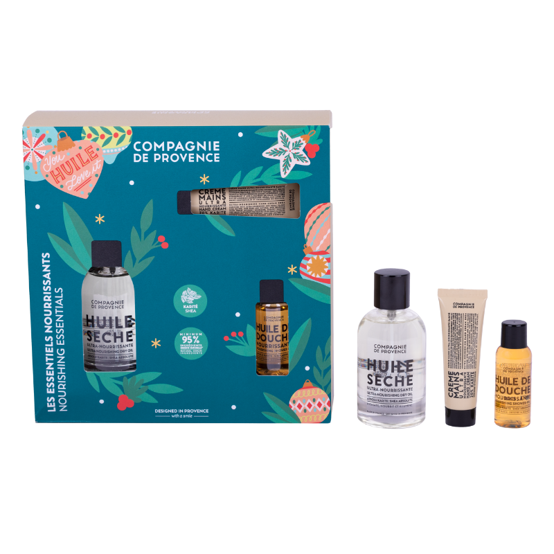 SHEA-ULTRA-NOURISHING-ESSENTIALS-2023 Compagnie de Provence Shea Ultra Nourishing Essentials Set mit vier Pflegeprodukten vor weißem Hintergrund.