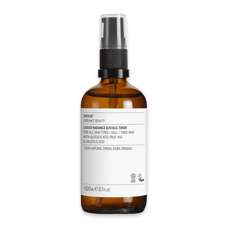 evolve-organic-beauty-liquid-radiance-glycolic-toner_optimized Braune Flasche Evolve Organic Beauty Liquid Radiance Glycolic Toner, 100 ml, für alle Hauttypen, mit Glycolsäure und Salicylsäure.