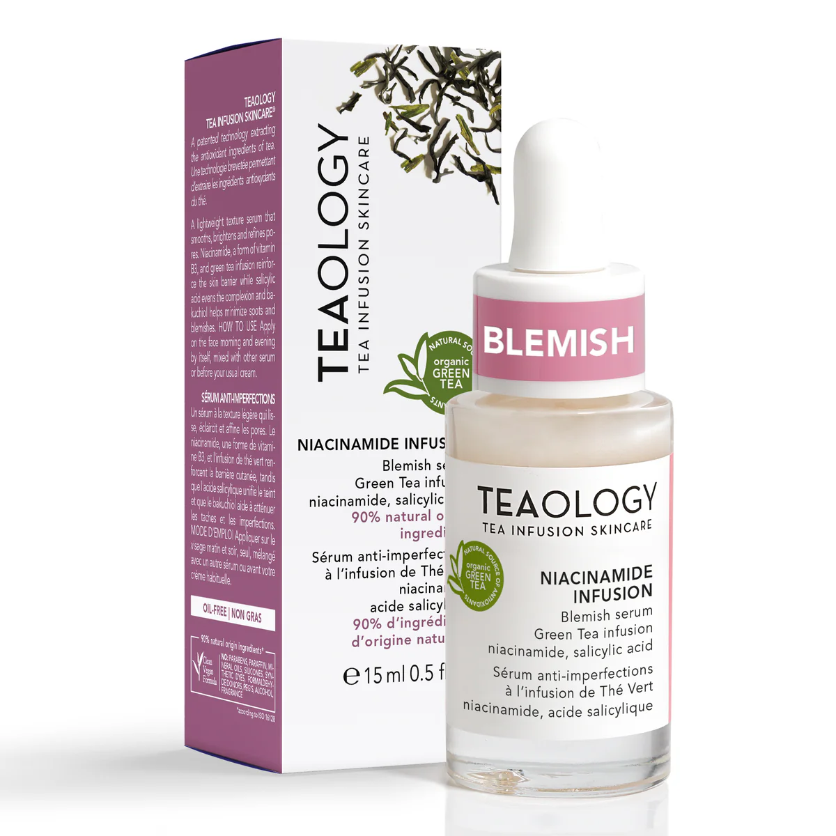 T50413-Niacinamide-Infusion_2_1200x Teaology Niacinamide Infusion Serum vor Verpackung mit grünem Tee und Blemish-Label.