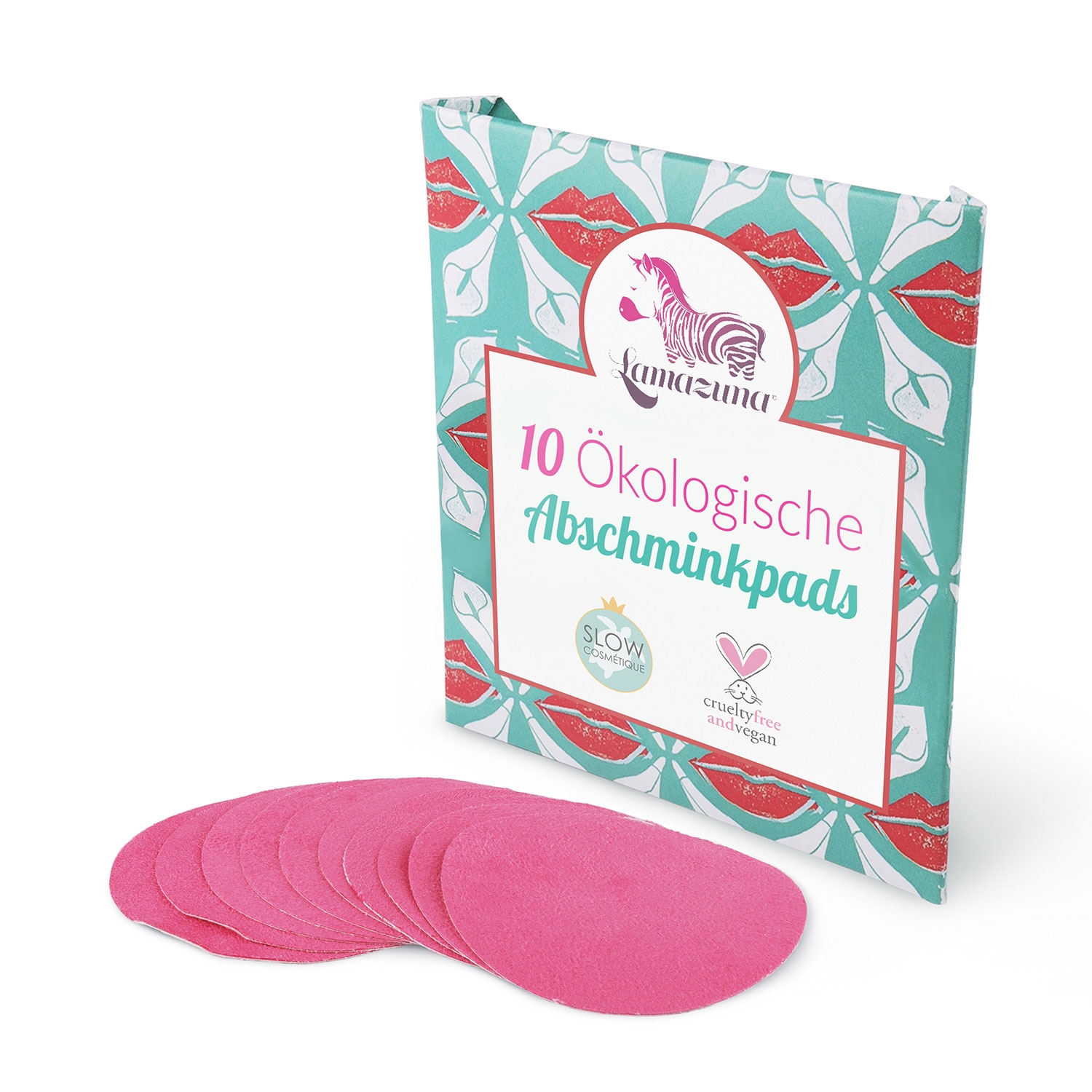 Verpackung und 10 rosa ökologische Abschminkpads von Lamazuna vor weißem Hintergrund.