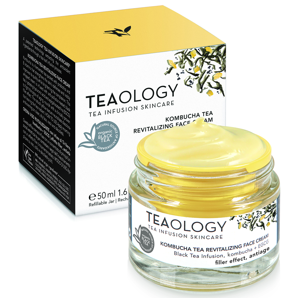 TEAOLOGY Kombucha Tea Revitalizing Face Cream, 50 ml, in geöffneter Glasdose vor Verpackung.