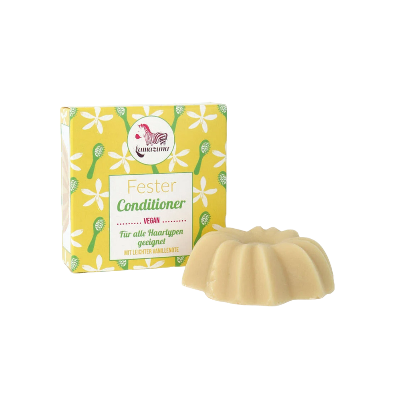 LAMAZUNA-FESTER-CONDITIONER-SOFT-VANILLA-SCENT-1 Lamazuna fester Conditioner mit Vanilleduft, veganes Produkt, geeignet für alle Haartypen, Verpackung und Produkt abgebildet.