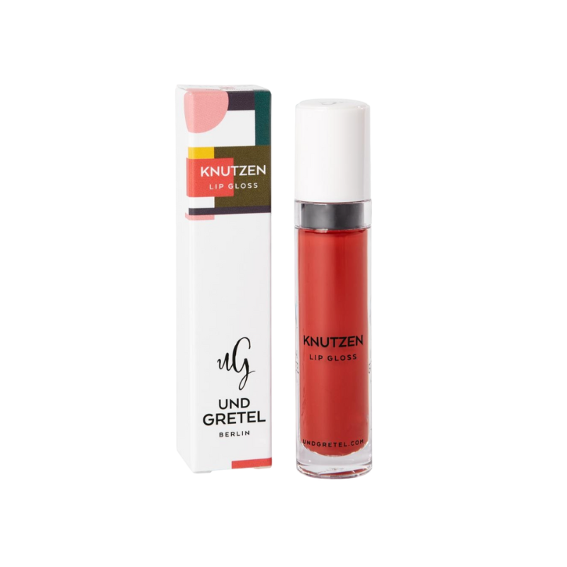 UND GRETEL KNUTZEN Lip Gloss 04 Matte Sunrise Red, Produktbild mit Verpackung und Lipgloss-Flasche.