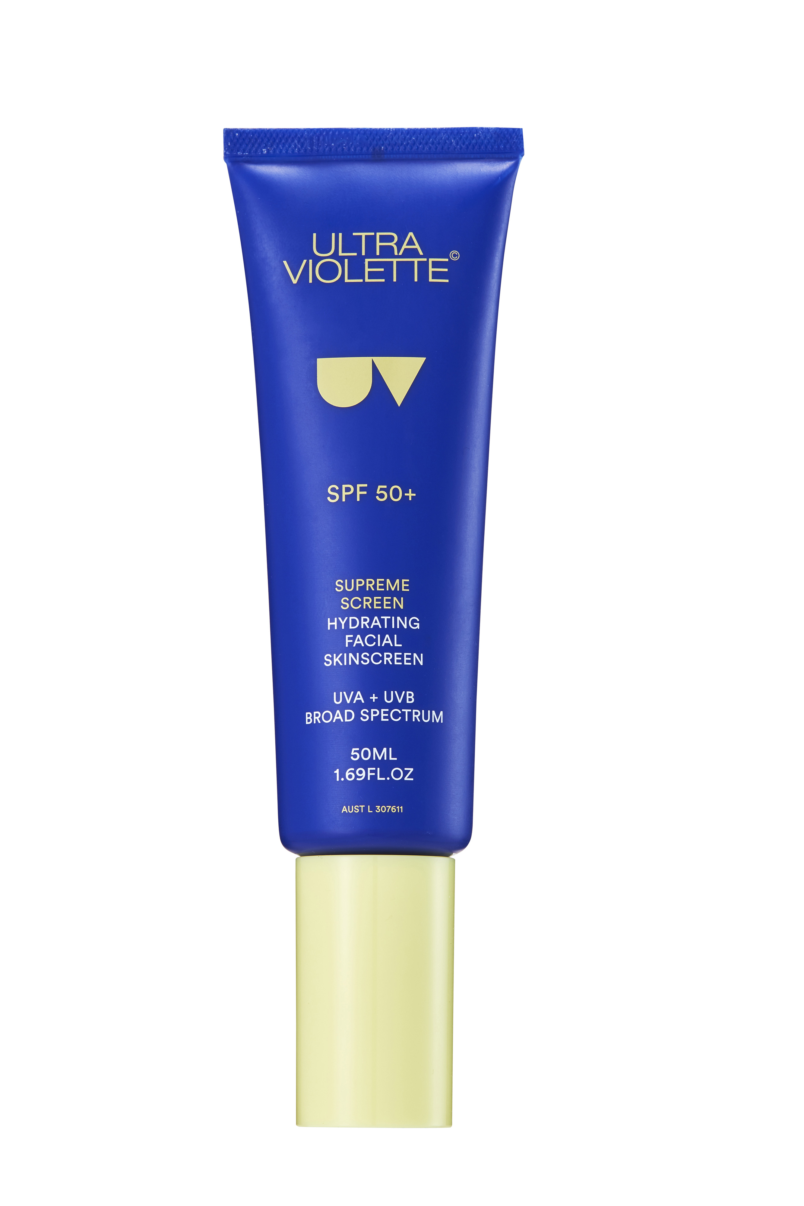 Supreme-Lid-on Blaues Supreme Screen Hydrating Facial Sunscreen SPF 50+ von Ultra Violette, 50ml Tube mit gelbem Deckel.