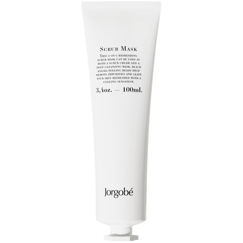 Weiße Tube Jorgobé Scrub Mask, 100 ml, auf weißem Hintergrund.
