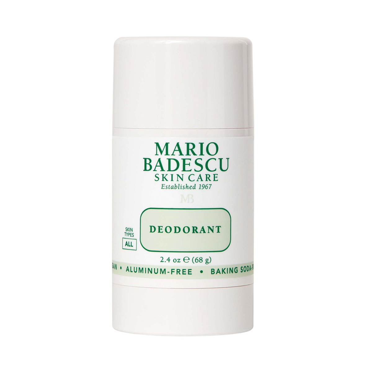 Mario Badescu Deodorant, 68g, weißer Behälter mit grünem Text, aluminiumfrei.