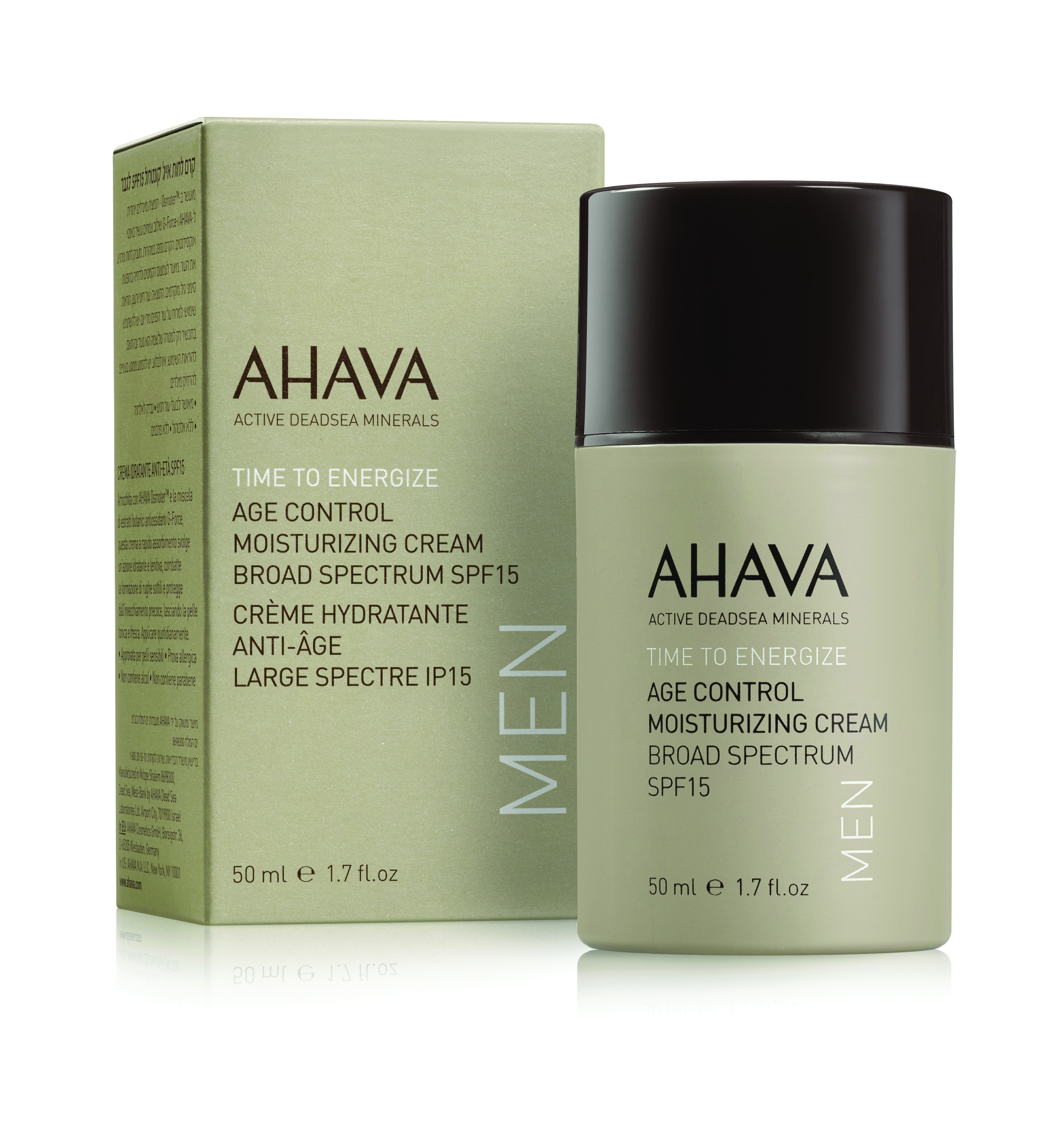 0697045158287 AHAVA Age Control Feuchtigkeitscreme für Männer, 50 ml, SPF 15, Verpackung und Flasche.