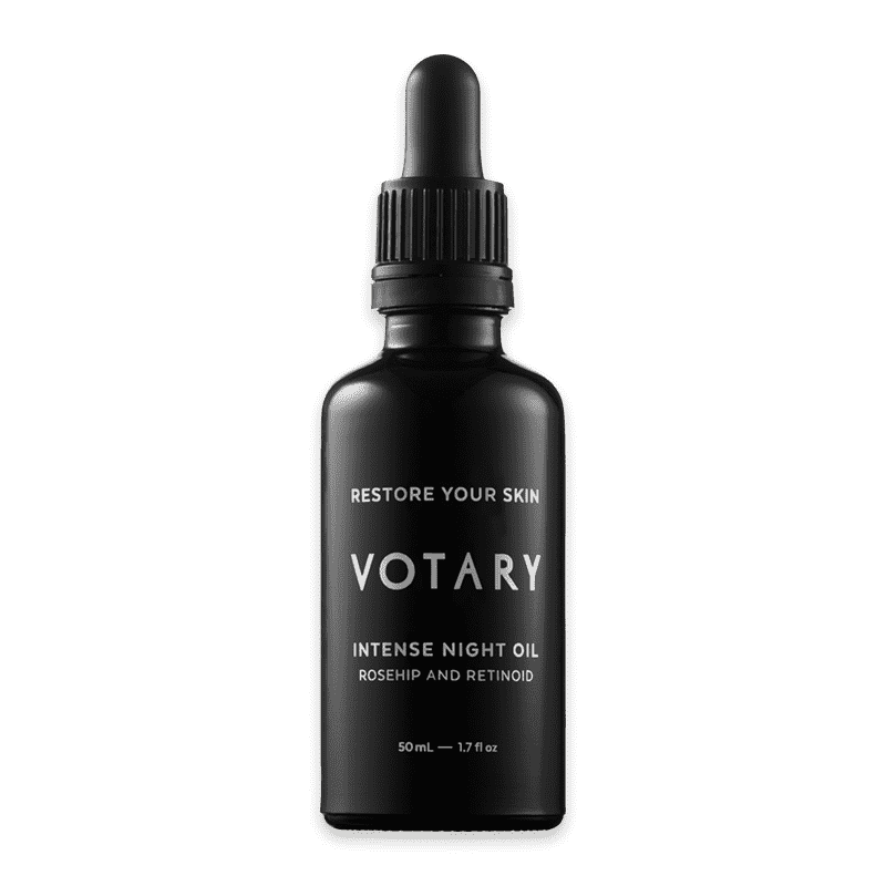 Schwarze Flasche Votary Intense Night Oil mit Pipette, 50 ml, für Hautpflege, enthält Hagebutte und Retinoid.