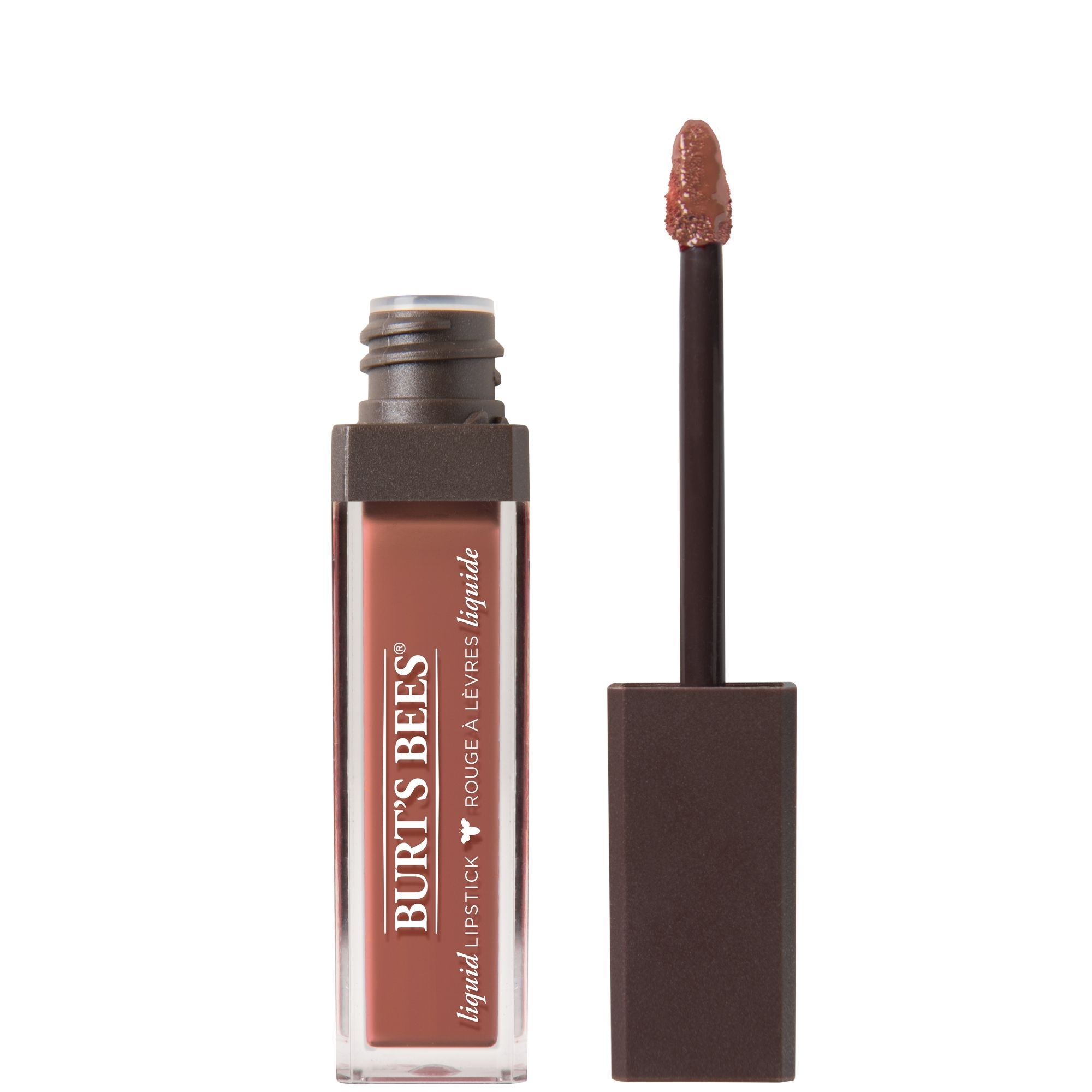 image_118923_2 Burt's Bees flüssiger Lippenstift in brauner Farbe, geöffnete Verpackung mit Applikator.