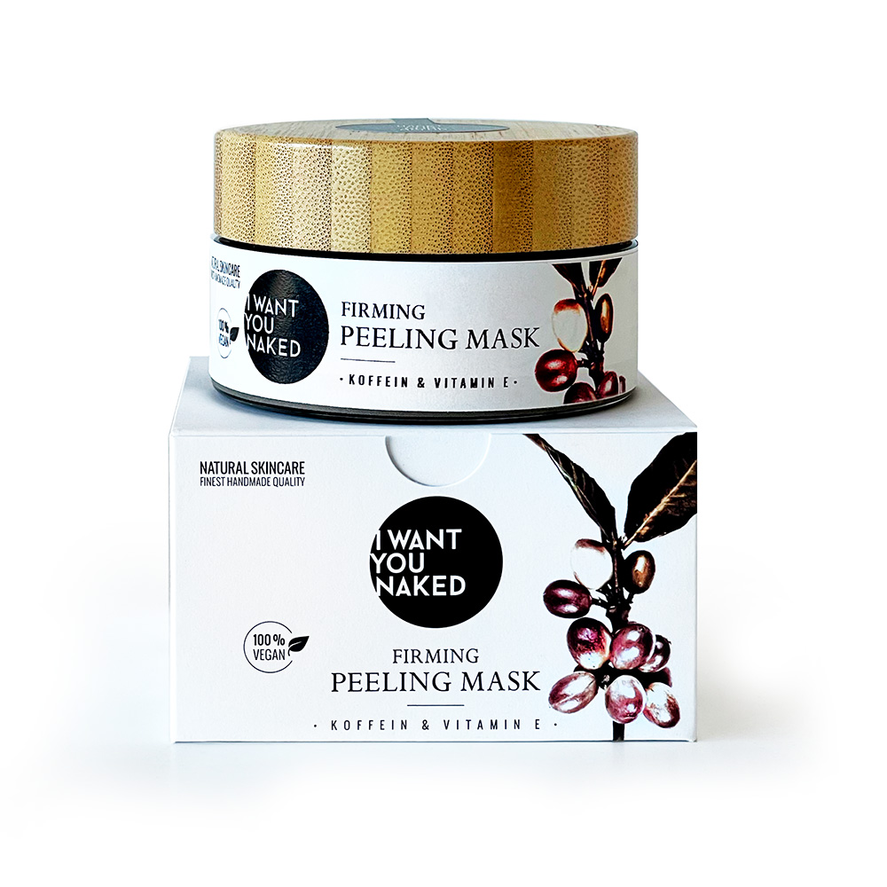 FM-03_Firming_0010101392232_LOW Dose und Verpackung der 'I Want You Naked' Firming Peeling Mask mit Koffein und Vitamin E, 100% vegan.