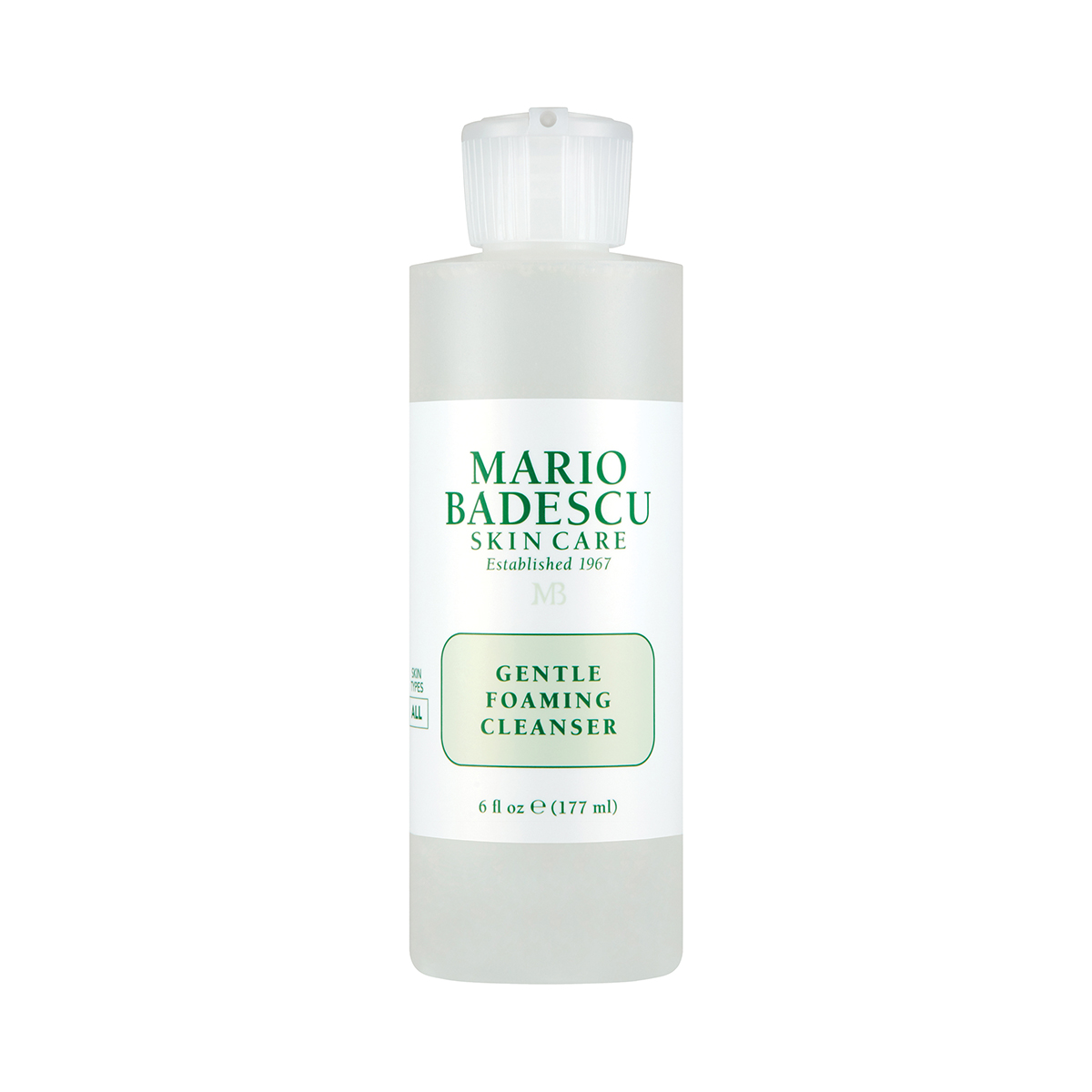 01441_0 Flasche Mario Badescu Gentle Foaming Cleanser, 177 ml, weißes Etikett mit grüner Schrift.